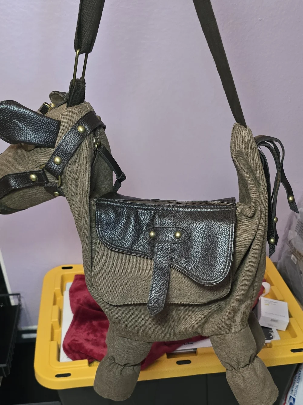 Novelty Khaki Brown Canvas Horse-Shaped Crossbody Bag